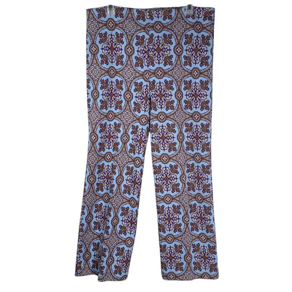 Vtg 70s Baby Blue Brown Damask Print Straight Leg Pull On Pants SZ 12 - Picture 1 of 7